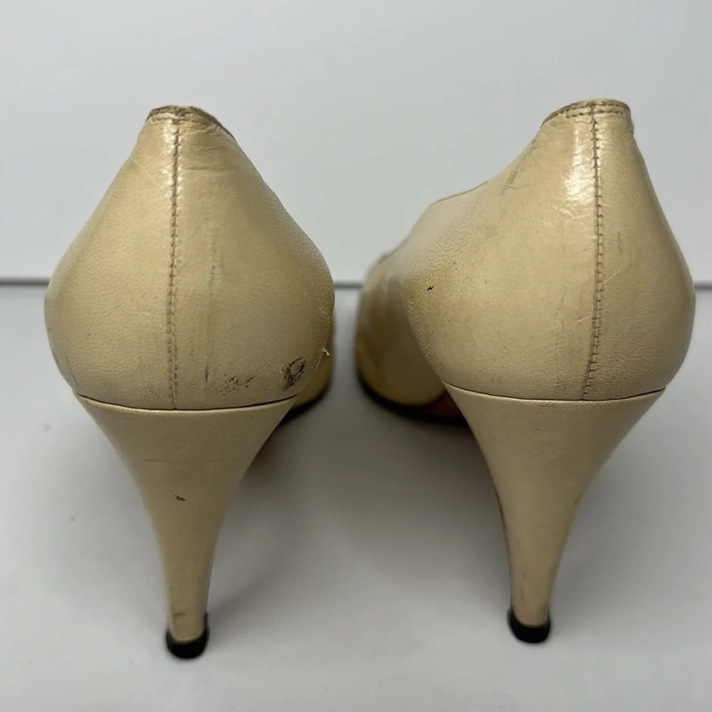 CHANEL Cream Leather Pumps with Gold Cap Toe - Picture 5 of 8